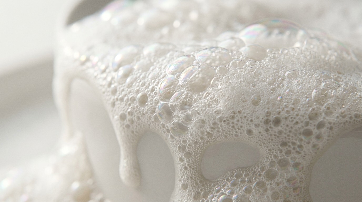 Dense white lather foaming over a solid bar